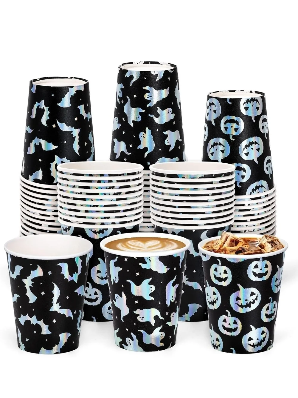 Halloween Ghost Pumpkin Bats Paper Cups - Black Iridescent 60 Set New